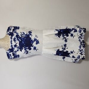 Oasap Dress Women SZ XL White Blue French Country Sleeveless Cupcake Pleated Zip